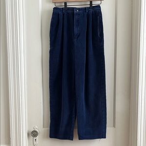 Vintage Wide Wale Corduroy Pleated Trousers Navy Blue Heavyweight Cotton Pants